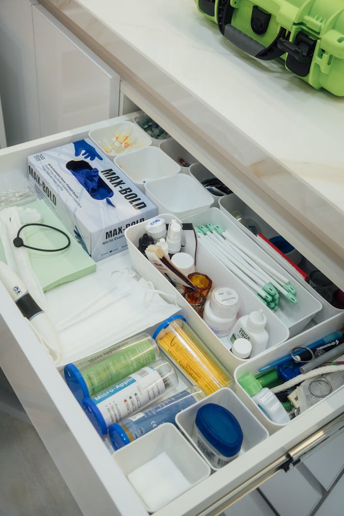 Neatly organized medical supplies in an open drawer, featuring various tools and medications.